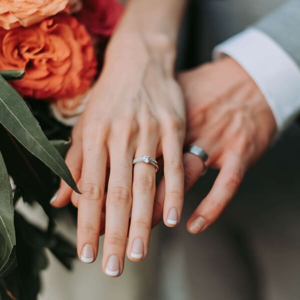 Photo of wedding couple with their wedding rings.